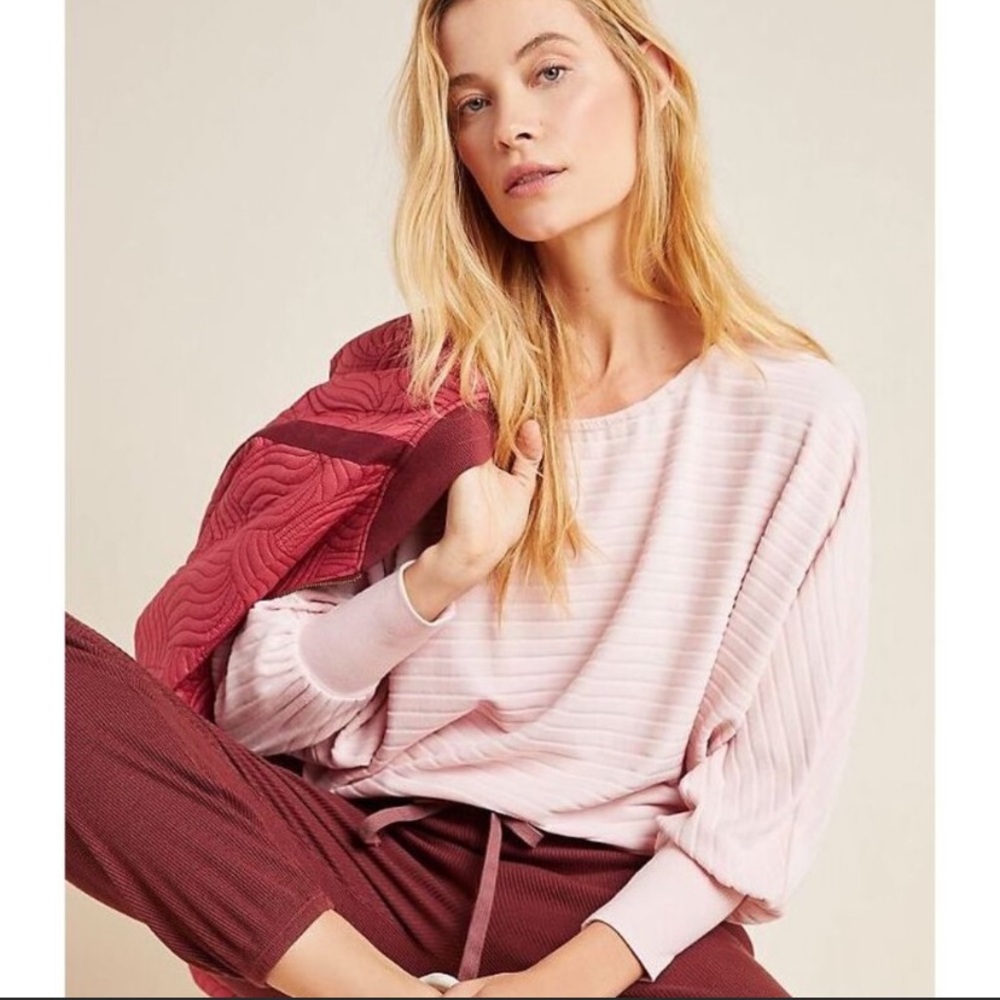 Anthropologie Shawna Hacci Crew Neck Sweater Pink Puffed sleeve Pullover Comfy